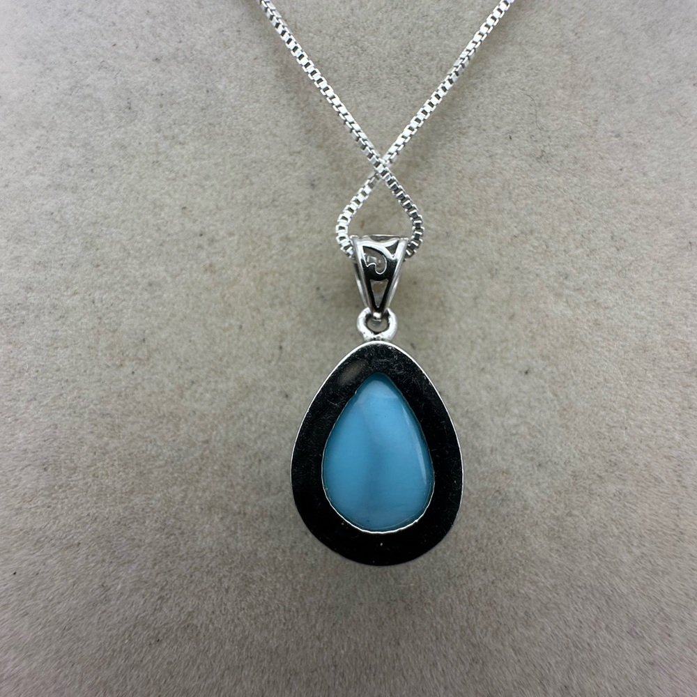 Larimar and Sterling Silver Teardrop Pendant Necklace on Sterling Silver Chain - Picture 7 of 11